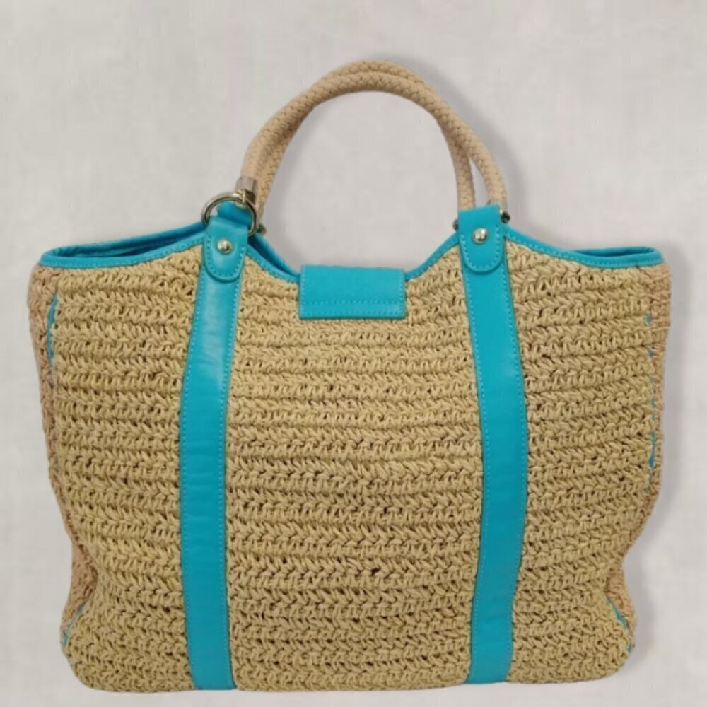 Talbots Large Woven Paper Straw Tote Bag Turquoise Blue Leather Trim Gold - Picture 4 of 12